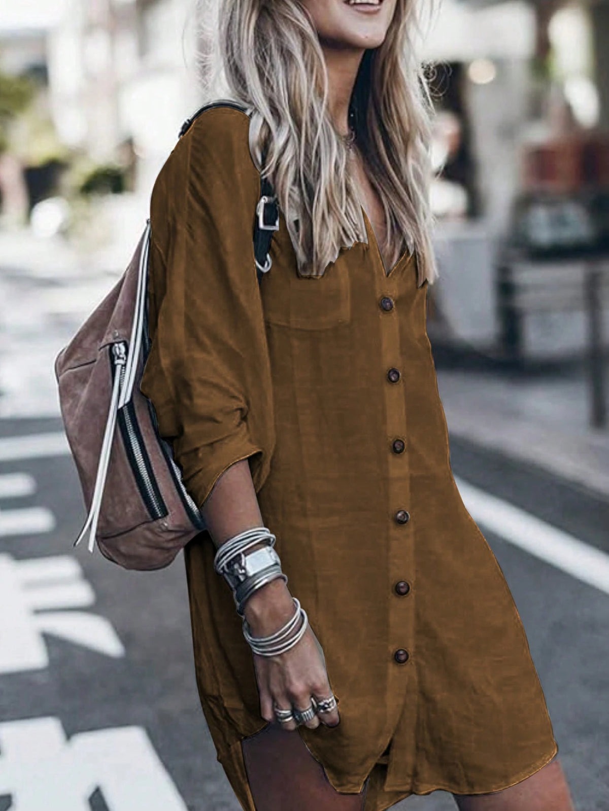 Women's Solid Color Casual Long Sleeve Button-Up Shirt Eid Spring