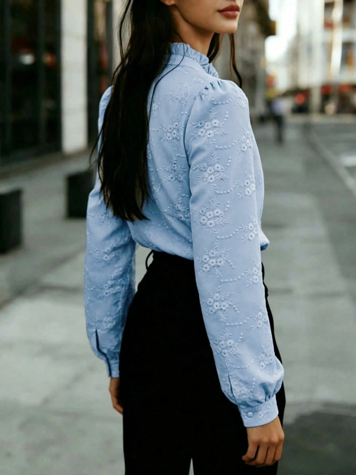 Women's Solid Color Long Sleeve Shirt, Floral Embroidery, Lapel Collar Casual Business Blouse, Suitable For Office, Work, Home, Daily Wear, Spring Autumn Summer Winter All Seasons