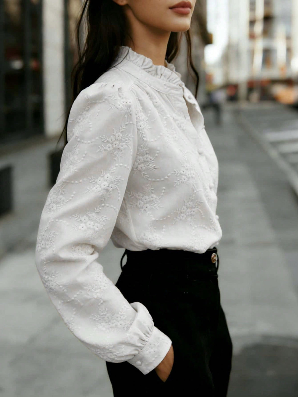 Women's Solid Color Long Sleeve Shirt, Floral Embroidery, Lapel Collar Casual Business Blouse, Suitable For Office, Work, Home, Daily Wear, Spring Autumn Summer Winter All Seasons