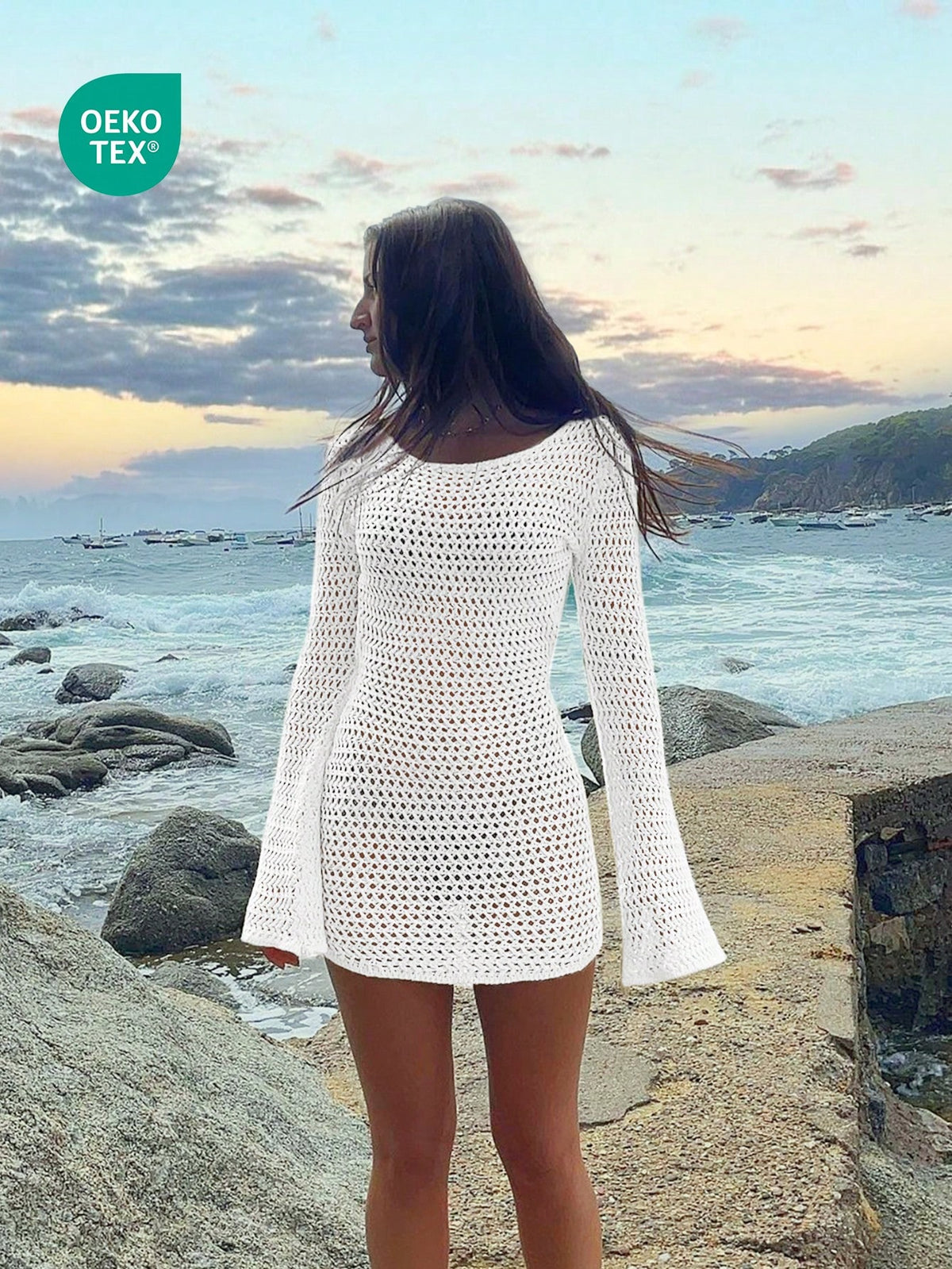 Women's Solid Color Sexy Hollow See-Through Backless Design Long Sleeve Coverup Crop Dress, Suitable For Beach Vacation, Spring/Summer White, Resort Wear