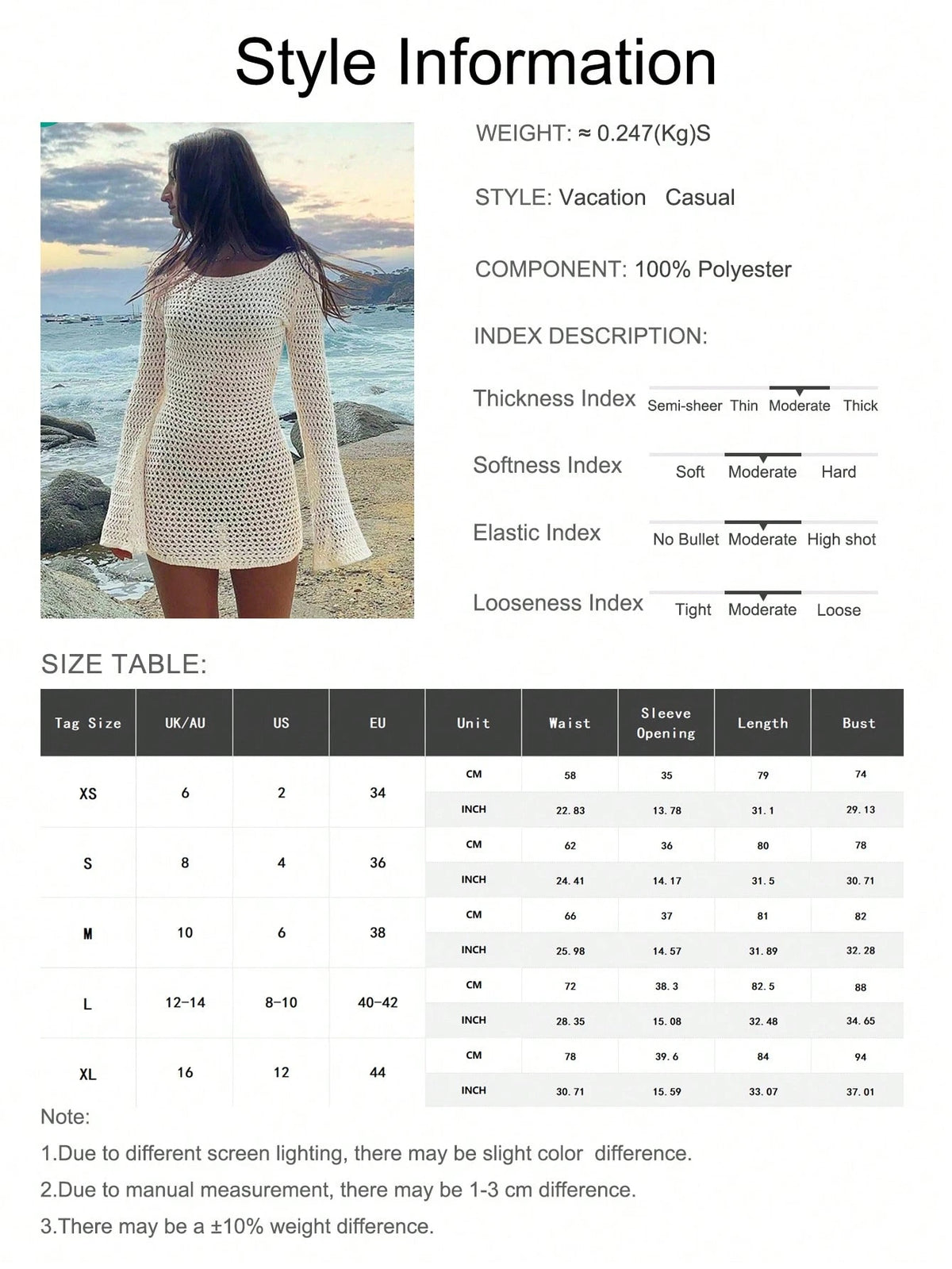 Women's Solid Color Sexy Hollow See-Through Backless Design Long Sleeve Coverup Crop Dress, Suitable For Beach Vacation, Spring/Summer White, Resort Wear