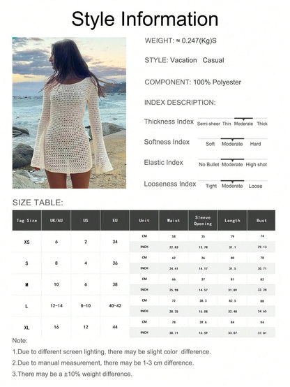 Women's Solid Color Sexy Hollow See-Through Backless Design Long Sleeve Coverup Crop Dress, Suitable For Beach Vacation, Spring/Summer White, Resort Wear
