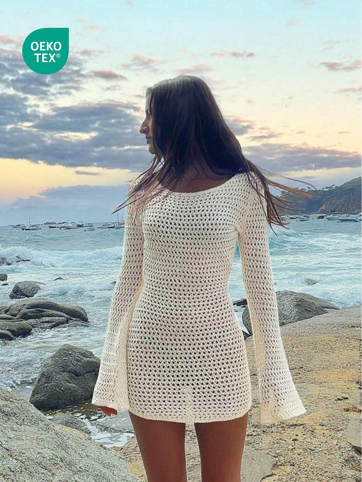 Women's Solid Color Sexy Hollow See-Through Backless Design Long Sleeve Coverup Crop Dress, Suitable For Beach Vacation, Spring/Summer White, Resort Wear