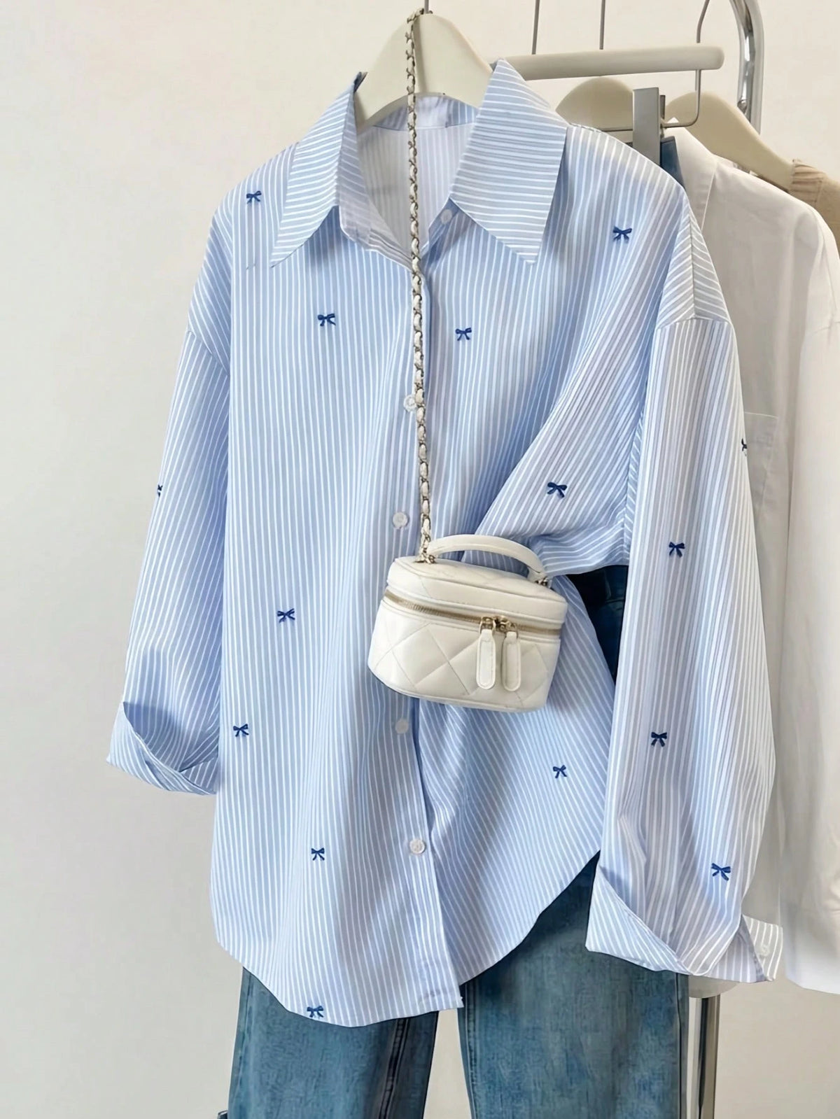 Women's Striped Colorblock Patchwork Collar Front Button Shirt, Casual