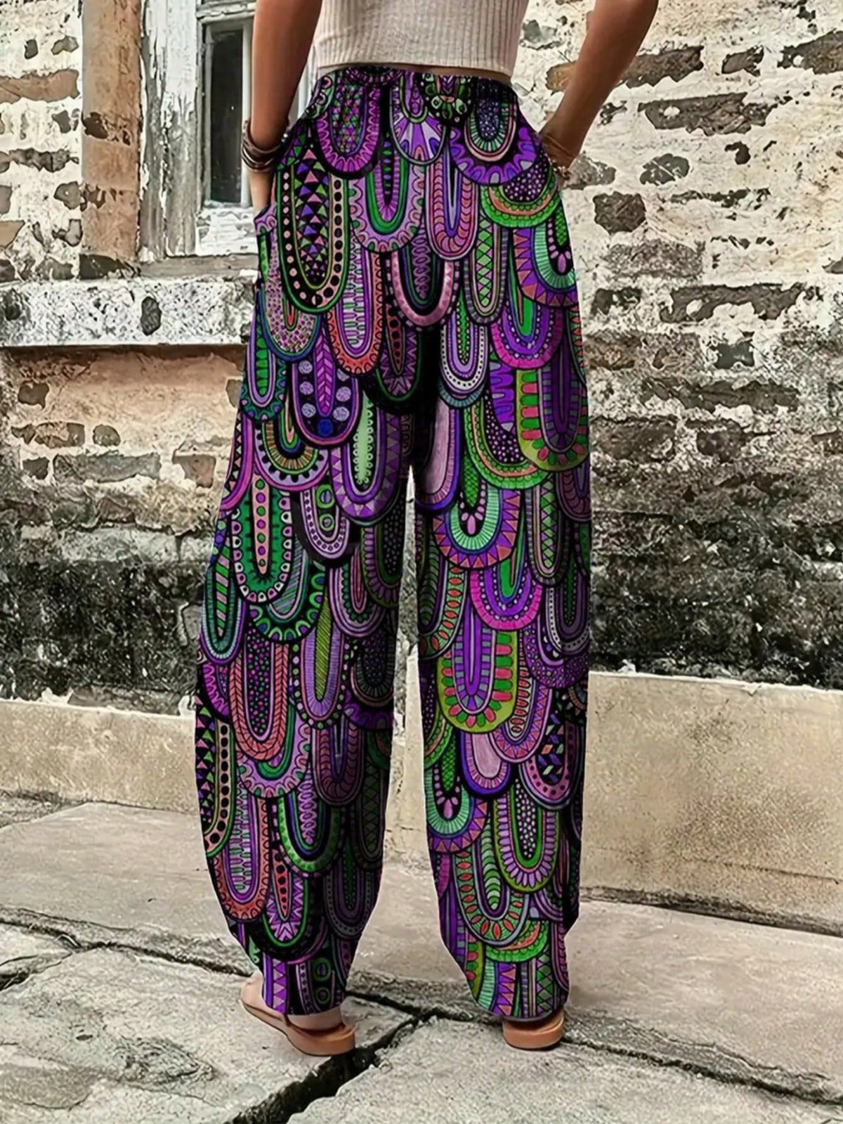 Women's Woven Fabric Harem Lantern Pants, Vibrant Printed Pattern, Long Leg Loose Fit Trousers Spring