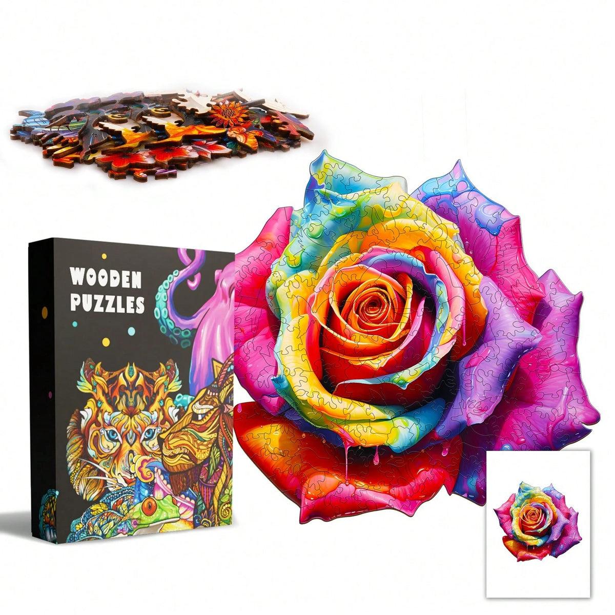 WOODBESTS 1PC Multicolored Rose Wooden Irregular Puzzle, Animal-Shaped 2D Jigsaw Toy For Kids And Adults. Educational Game, Great Gift For Party, Holiday, Christmas And Birthday. Unique Magical Deskto