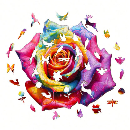 WOODBESTS 1PC Multicolored Rose Wooden Irregular Puzzle, Animal-Shaped 2D Jigsaw Toy For Kids And Adults. Educational Game, Great Gift For Party, Holiday, Christmas And Birthday. Unique Magical Deskto