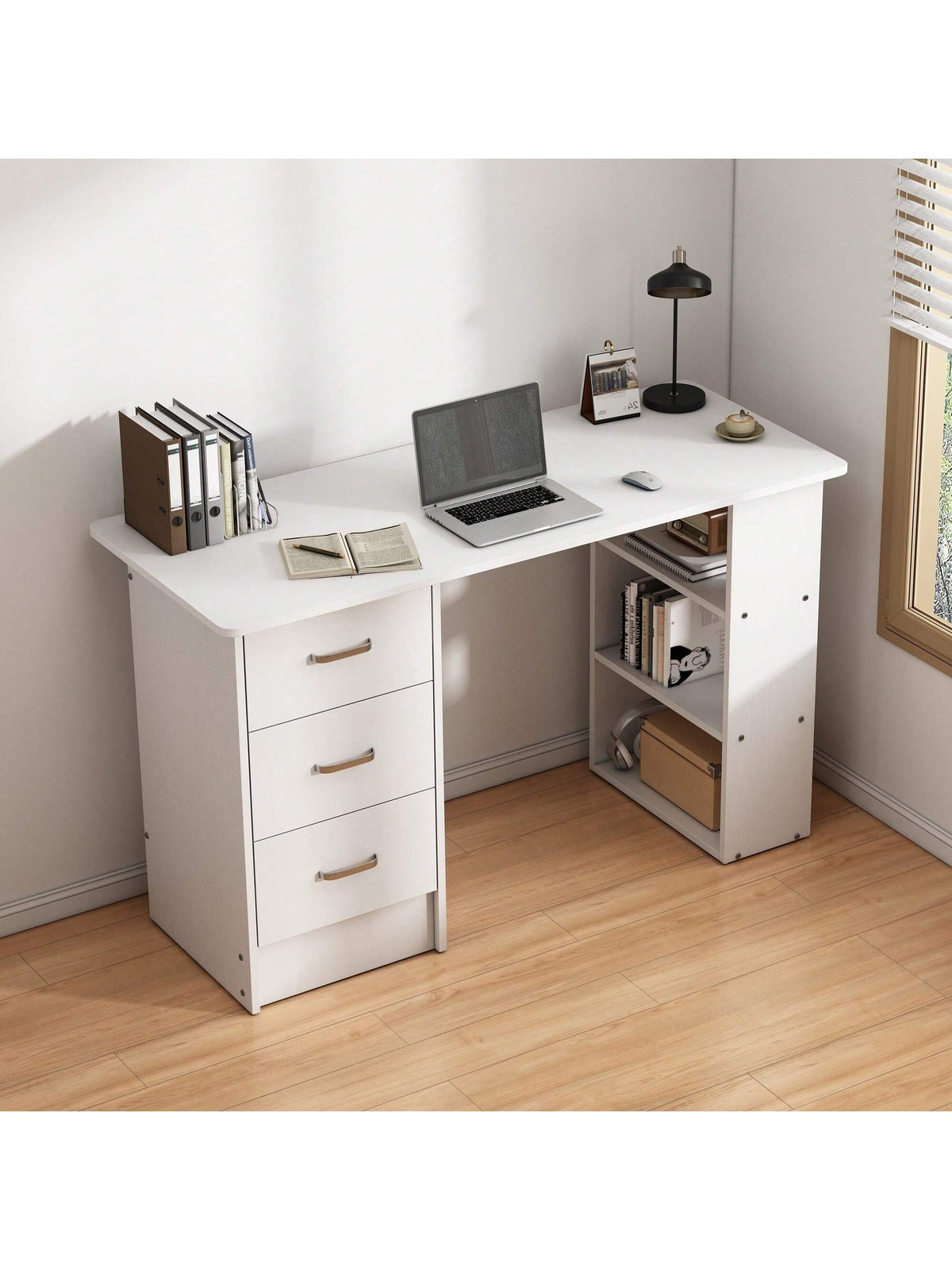 Writing Desk Wood Computer Desk With 3 Drawers,3 Open Storage Shelves For Home Office,Study Room,Dressing Room,Modern Home Office Desk,Gaming Desk,Home Office Furniture (White/Black)