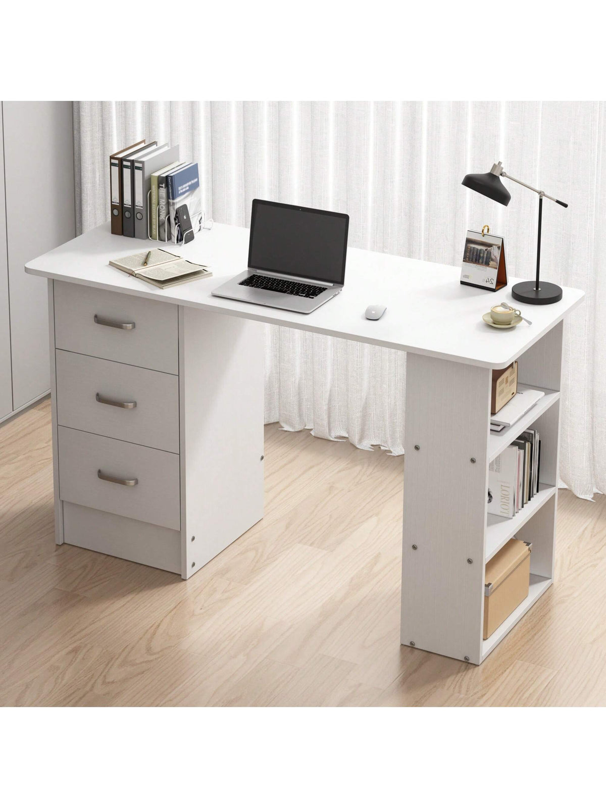 Writing Desk Wood Computer Desk With 3 Drawers,3 Open Storage Shelves For Home Office,Study Room,Dressing Room,Modern Home Office Desk,Gaming Desk,Home Office Furniture (White/Black)