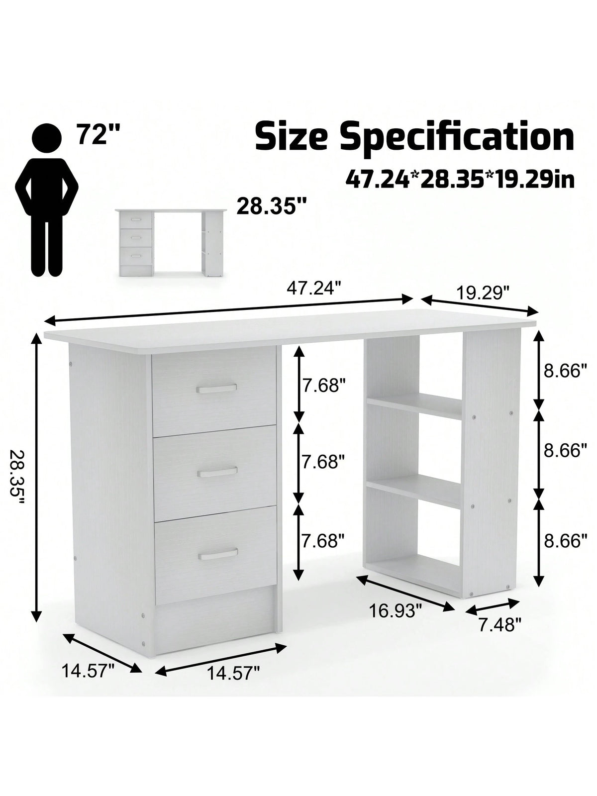 Writing Desk Wood Computer Desk With 3 Drawers,3 Open Storage Shelves For Home Office,Study Room,Dressing Room,Modern Home Office Desk,Gaming Desk,Home Office Furniture (White/Black)