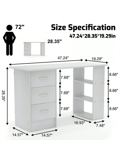 Writing Desk Wood Computer Desk With 3 Drawers,3 Open Storage Shelves For Home Office,Study Room,Dressing Room,Modern Home Office Desk,Gaming Desk,Home Office Furniture (White/Black)