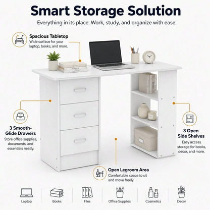 Writing Desk Wood Computer Desk With 3 Drawers,3 Open Storage Shelves For Home Office,Study Room,Dressing Room,Modern Home Office Desk,Gaming Desk,Home Office Furniture (White/Black)