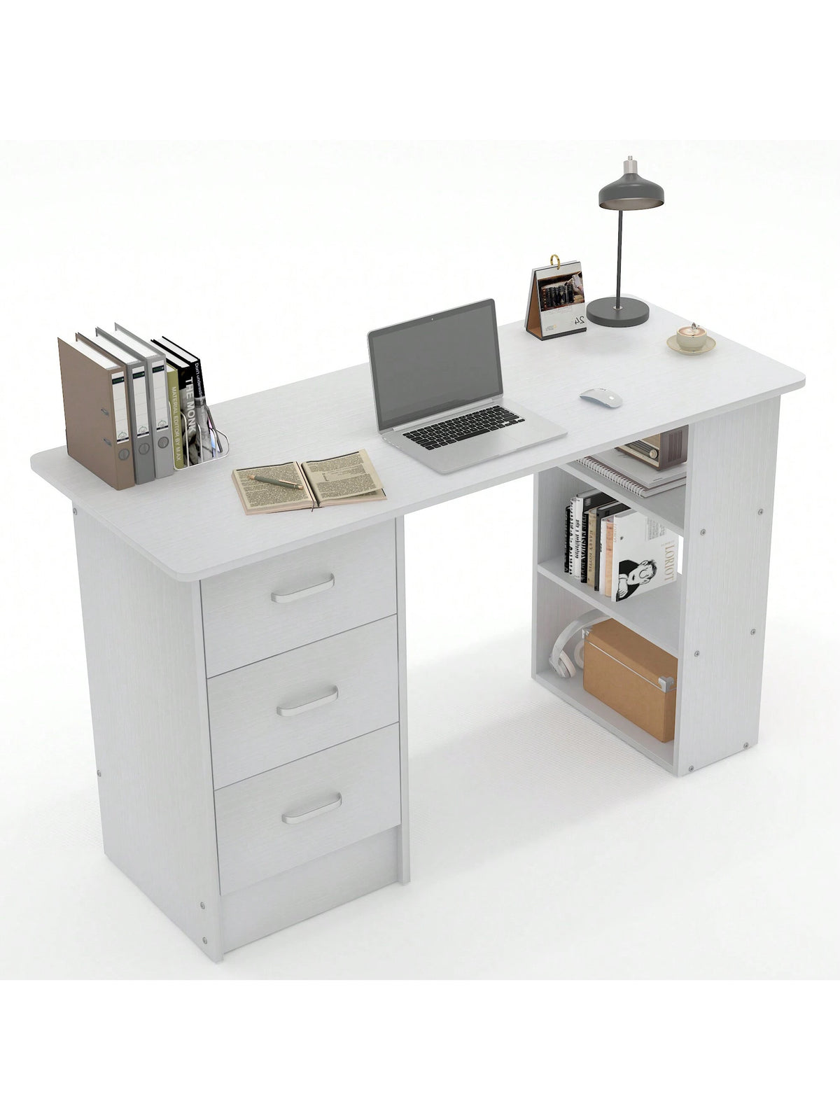 Writing Desk Wood Computer Desk With 3 Drawers,3 Open Storage Shelves For Home Office,Study Room,Dressing Room,Modern Home Office Desk,Gaming Desk,Home Office Furniture (White/Black)