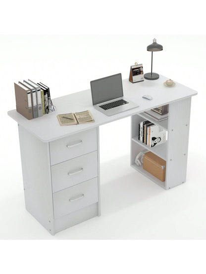 Writing Desk Wood Computer Desk With 3 Drawers,3 Open Storage Shelves For Home Office,Study Room,Dressing Room,Modern Home Office Desk,Gaming Desk,Home Office Furniture (White/Black)