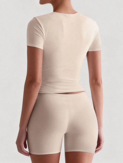 XLLAIS 2026 Model Round Neck Short Sleeve Summer Top, Solid Color Basic Slim Fit Sporty Style Women Casual T-Shirt