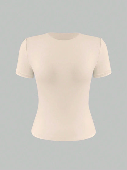 XLLAIS 2026 Model Round Neck Short Sleeve Summer Top, Solid Color Basic Slim Fit Sporty Style Women Casual T-Shirt