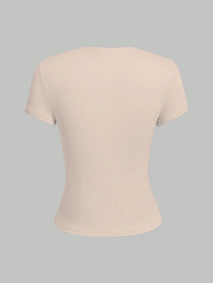 XLLAIS 2026 Model Round Neck Short Sleeve Summer Top, Solid Color Basic Slim Fit Sporty Style Women Casual T-Shirt