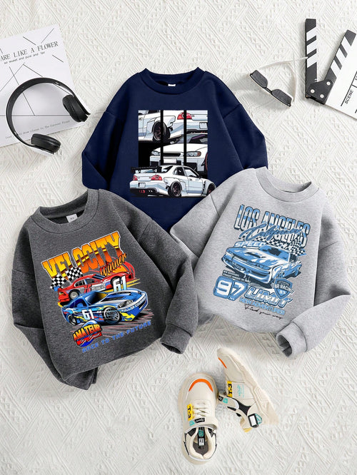 Young Boy 3pcs Car Pattern Printed Warm Crewneck Sweatshirts