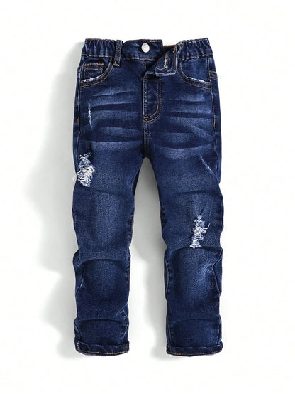Young Boy Blue Comfortable And Refreshing Dark Wash Cut Out Ripped Frayed Design Elasticity Denim Stretch Skinny Jeans For Dailywear