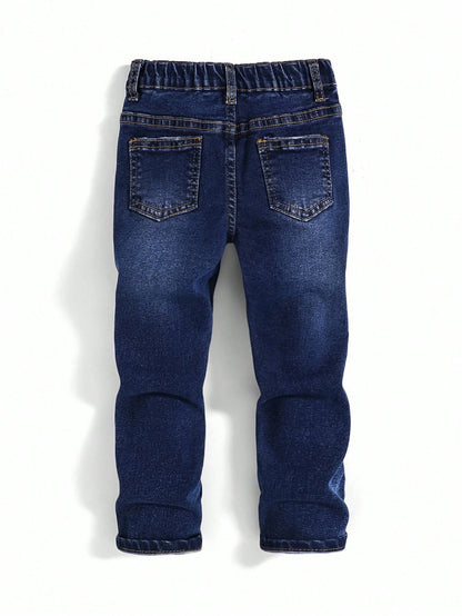 Young Boy Blue Comfortable And Refreshing Dark Wash Cut Out Ripped Frayed Design Elasticity Denim Stretch Skinny Jeans For Dailywear