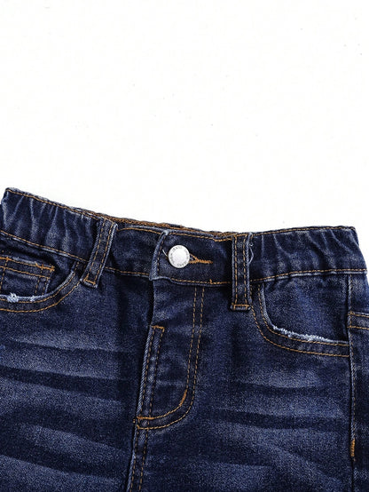 Young Boy Blue Comfortable And Refreshing Dark Wash Cut Out Ripped Frayed Design Elasticity Denim Stretch Skinny Jeans For Dailywear