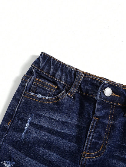 Young Boy Blue Comfortable And Refreshing Dark Wash Cut Out Ripped Frayed Design Elasticity Denim Stretch Skinny Jeans For Dailywear