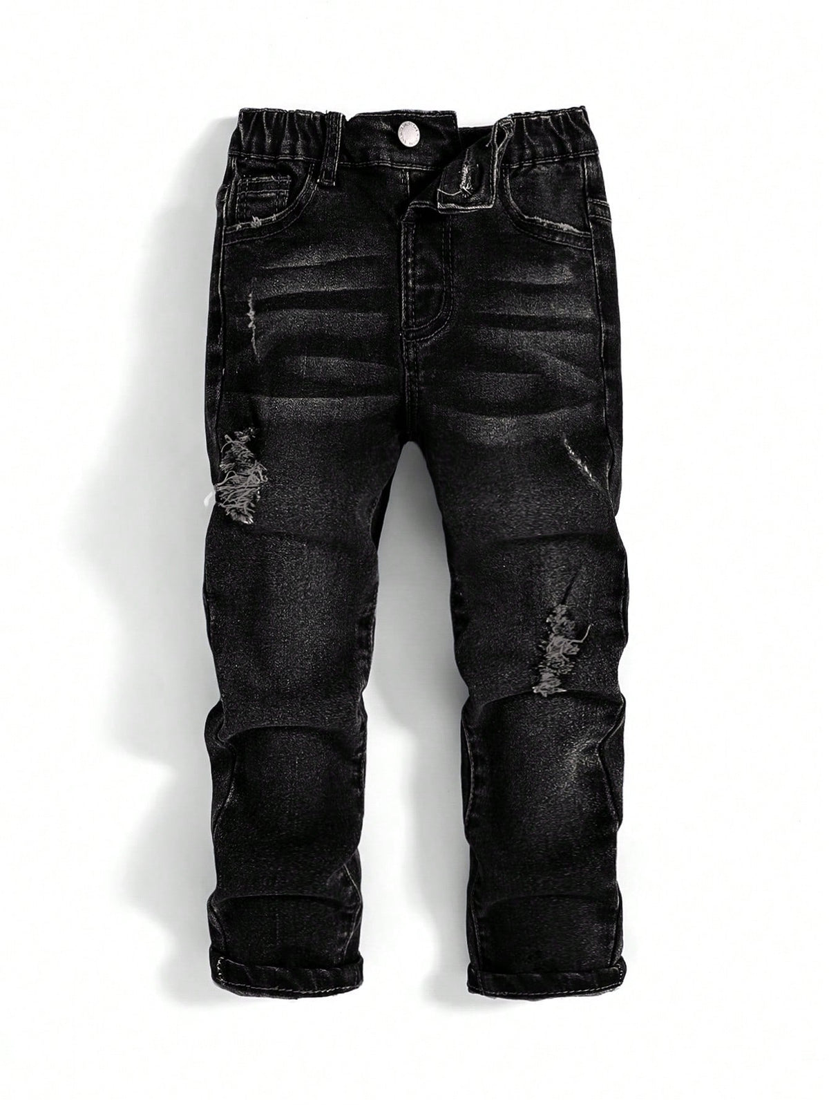 Young Boy Blue Comfortable And Refreshing Dark Wash Cut Out Ripped Frayed Design Elasticity Denim Stretch Skinny Jeans For Dailywear