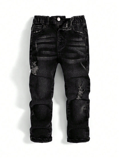 Young Boy Blue Comfortable And Refreshing Dark Wash Cut Out Ripped Frayed Design Elasticity Denim Stretch Skinny Jeans For Dailywear