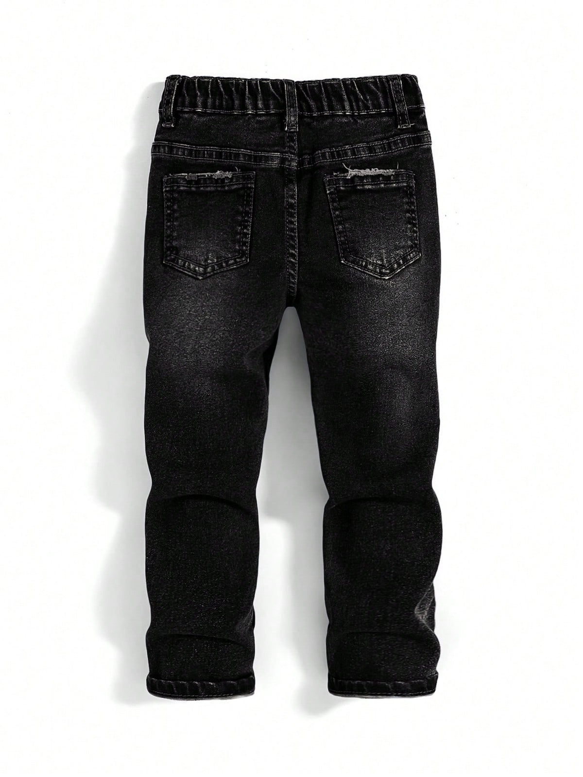 Young Boy Blue Comfortable And Refreshing Dark Wash Cut Out Ripped Frayed Design Elasticity Denim Stretch Skinny Jeans For Dailywear