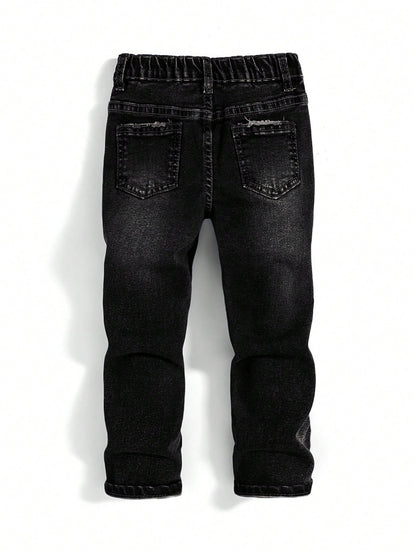 Young Boy Blue Comfortable And Refreshing Dark Wash Cut Out Ripped Frayed Design Elasticity Denim Stretch Skinny Jeans For Dailywear
