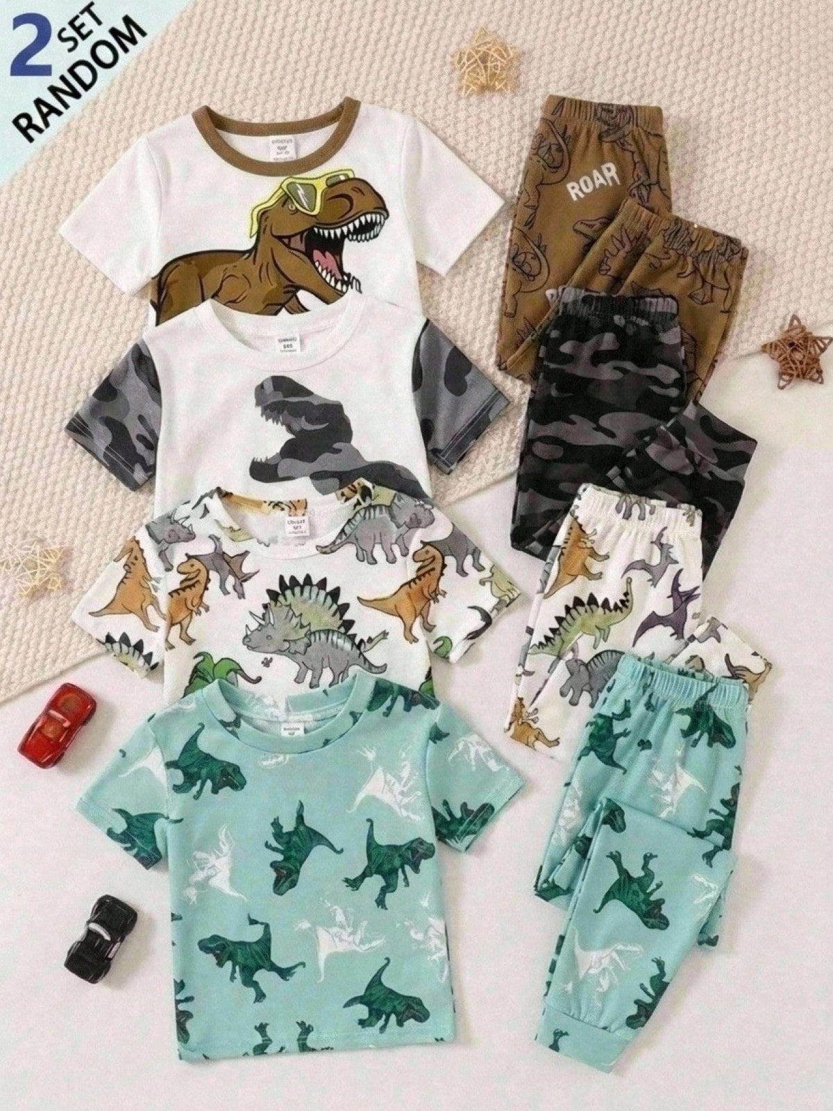 Young Boy Casual Minimalist Slim Fit Comfortable Crew Neck Short Sleeve Long Pants Loungewear Suitable For Spring And Summer, Classic Cute Cartoon Dinosaur Print