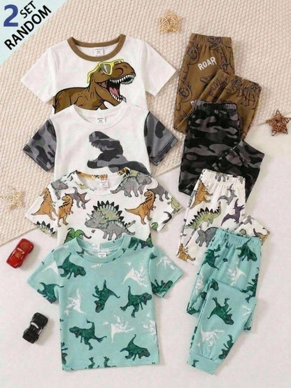 Young Boy Casual Minimalist Slim Fit Comfortable Crew Neck Short Sleeve Long Pants Loungewear Suitable For Spring And Summer, Classic Cute Cartoon Dinosaur Print