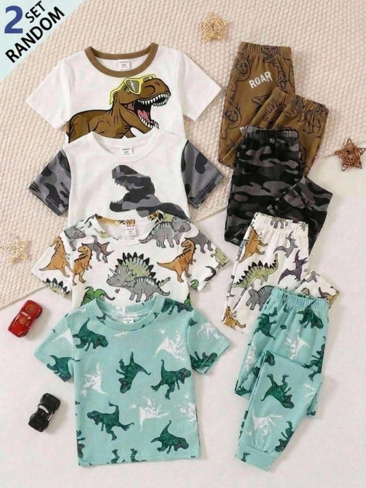 Young Boy Casual Minimalist Slim Fit Comfortable Crew Neck Short Sleeve Long Pants Loungewear Suitable For Spring And Summer, Classic Cute Cartoon Dinosaur Print