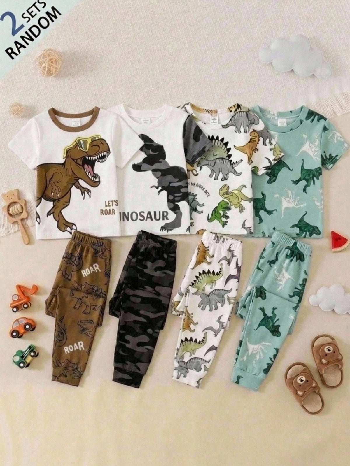 Young Boy Casual Minimalist Slim Fit Comfortable Crew Neck Short Sleeve Long Pants Loungewear Suitable For Spring And Summer, Classic Cute Cartoon Dinosaur Print
