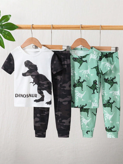 Young Boy Casual Minimalist Slim Fit Comfortable Crew Neck Short Sleeve Long Pants Loungewear Suitable For Spring And Summer, Classic Cute Cartoon Dinosaur Print