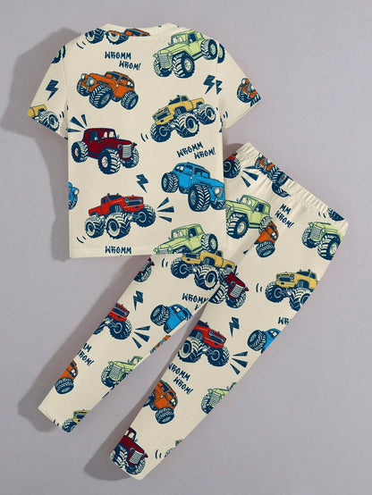 Young Boy Casual Minimalist Slim Fit Comfortable Crew Neck Short Sleeve Long Pants Loungewear Suitable For Spring And Summer, Classic Cute Cartoon Dinosaur Print