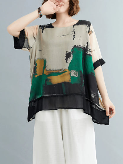 YUXIN Abstract Print Round Neck Blouse- Casual Short Sleeve Asymmetric Hem Top- Women's Fashion- Perfect Choice For Casual Outings And Parties Summer