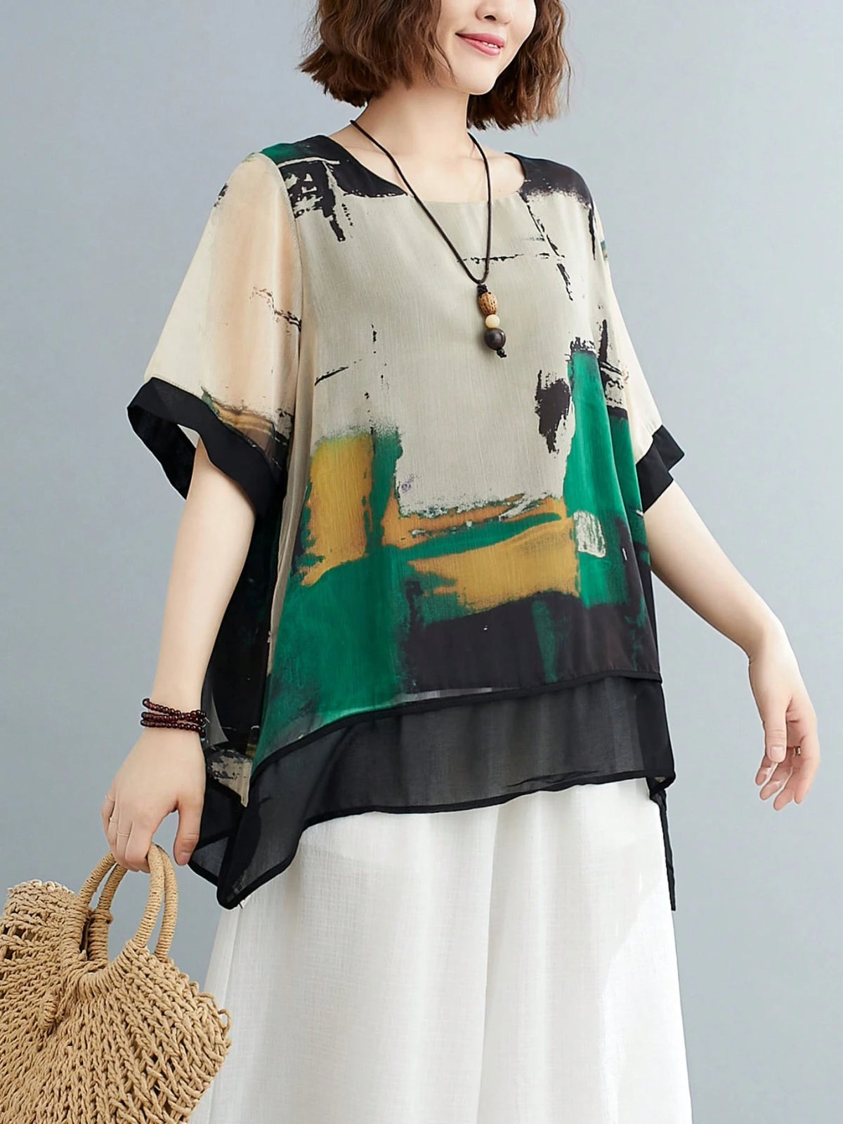 YUXIN Abstract Print Round Neck Blouse- Casual Short Sleeve Asymmetric Hem Top- Women's Fashion- Perfect Choice For Casual Outings And Parties Summer