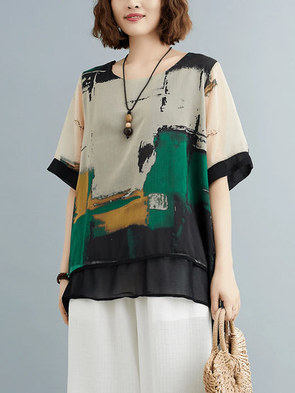YUXIN Abstract Print Round Neck Blouse- Casual Short Sleeve Asymmetric Hem Top- Women's Fashion- Perfect Choice For Casual Outings And Parties Summer