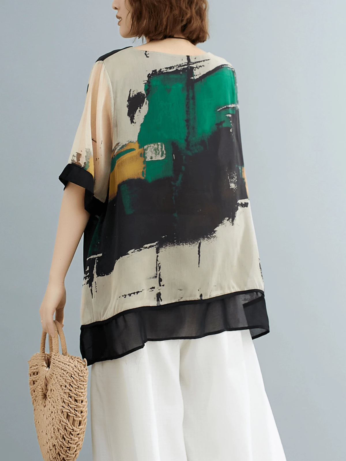 YUXIN Abstract Print Round Neck Blouse- Casual Short Sleeve Asymmetric Hem Top- Women's Fashion- Perfect Choice For Casual Outings And Parties Summer