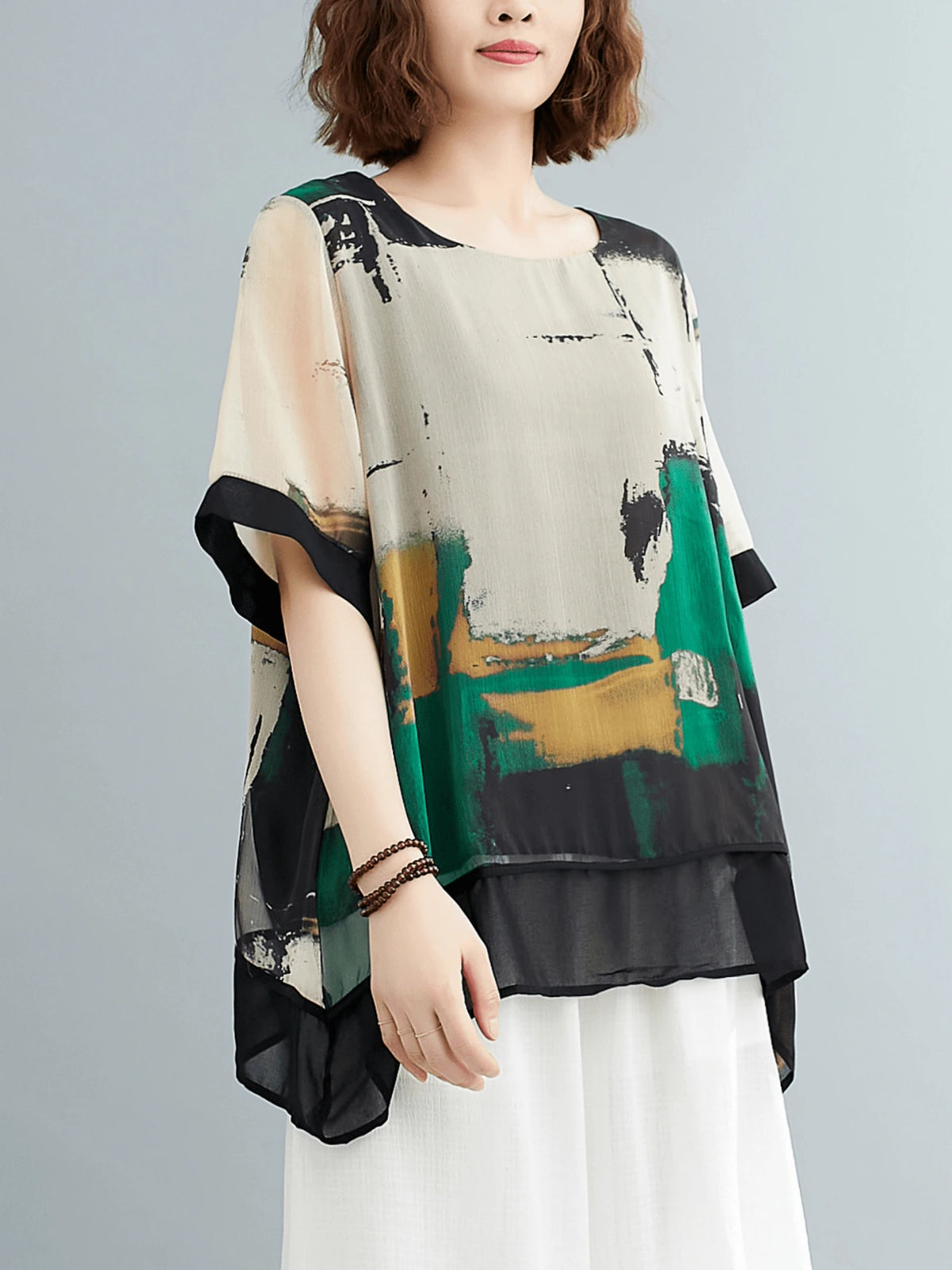 YUXIN Abstract Print Round Neck Blouse- Casual Short Sleeve Asymmetric Hem Top- Women's Fashion- Perfect Choice For Casual Outings And Parties Summer