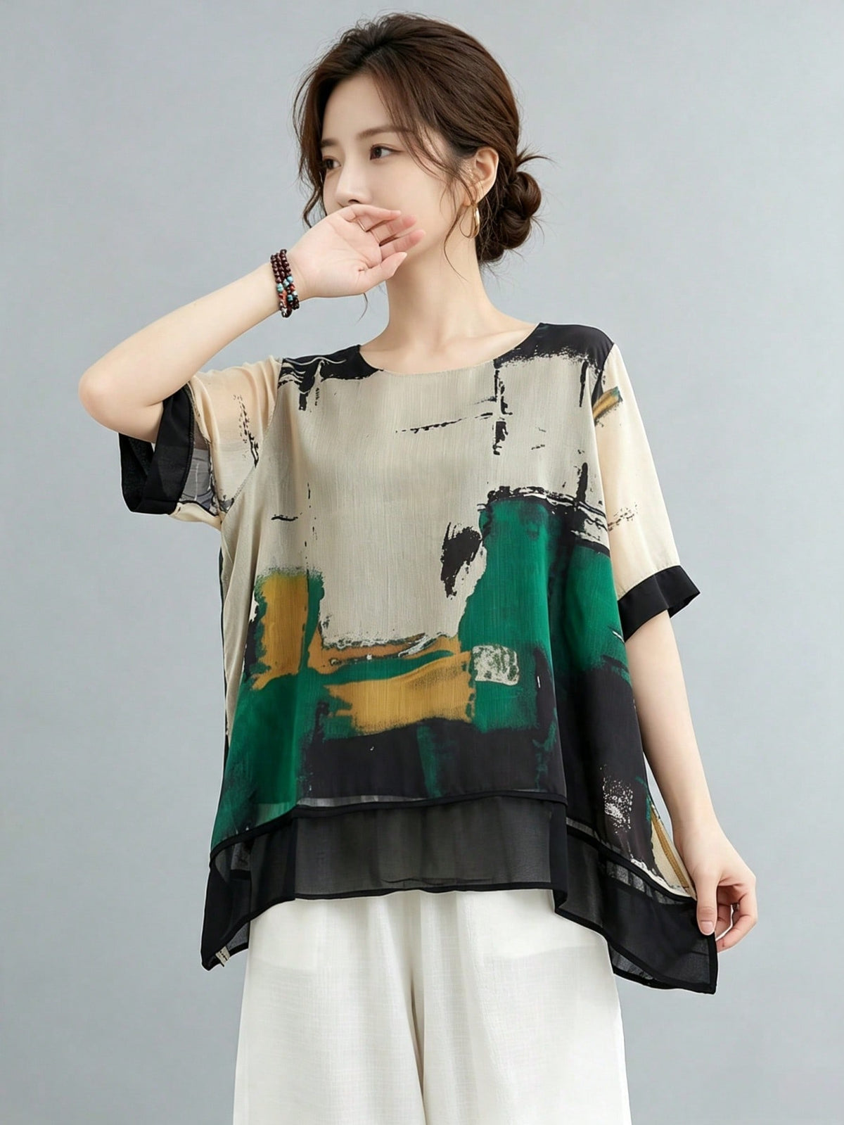 YUXIN Abstract Print Round Neck Blouse- Casual Short Sleeve Asymmetric Hem Top- Women's Fashion- Perfect Choice For Casual Outings And Parties Summer
