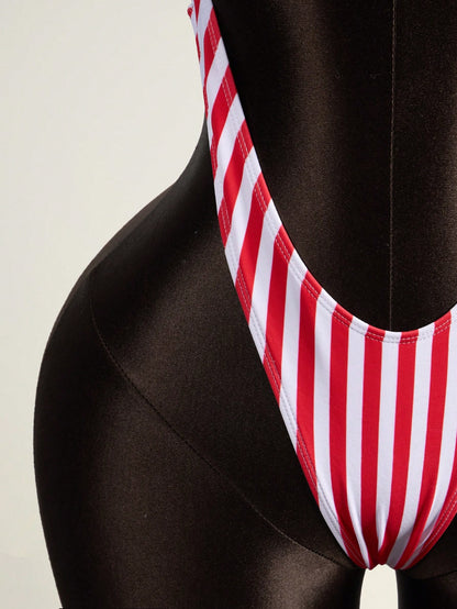 Zestiva 1pc Women's One-Piece Swimsuit,Fitted Star & Blue And White Stripe Pattern Backless Design,Summer Cow Boy Holiday Pool Party Independence Day