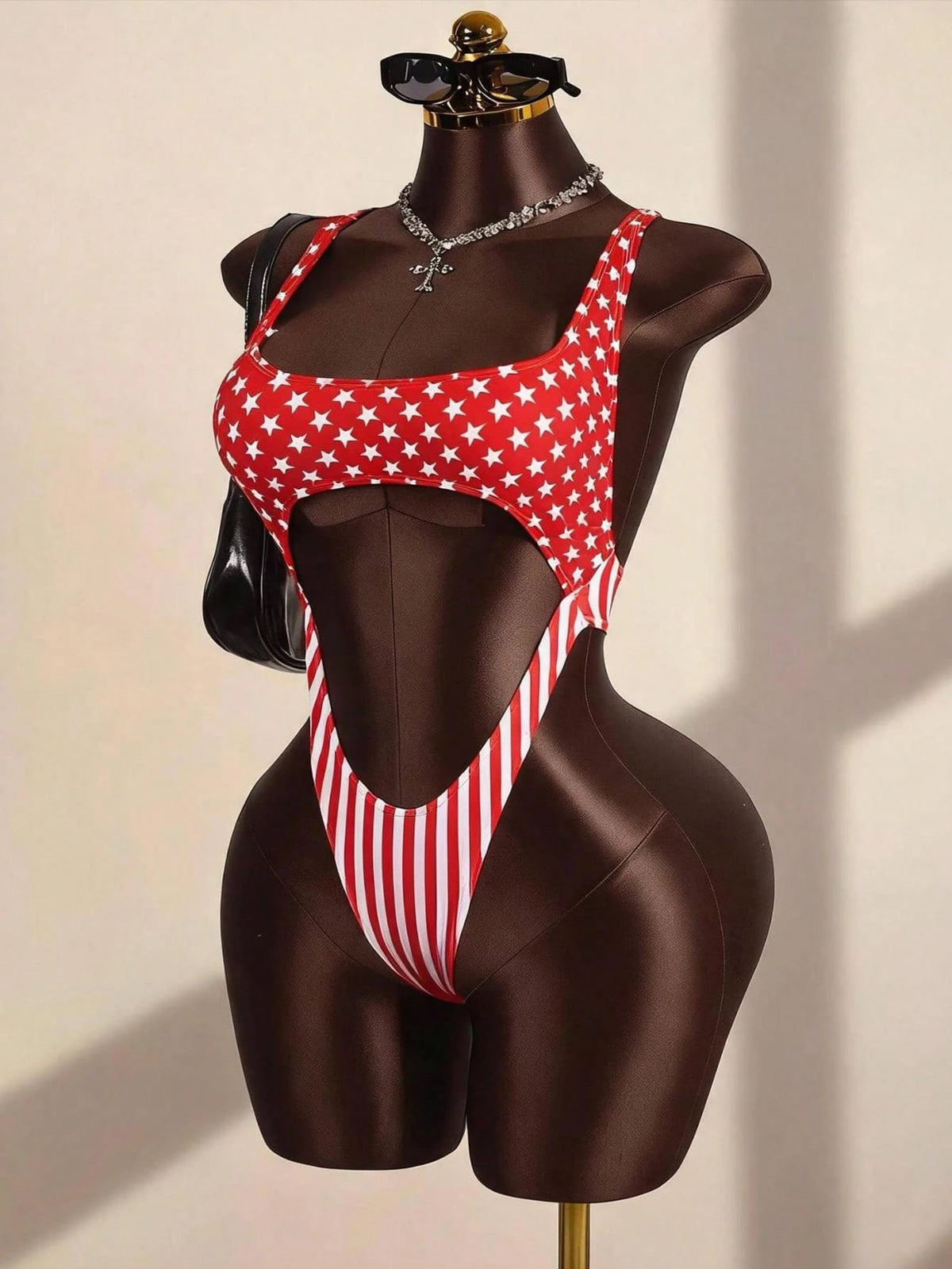 Zestiva 1pc Women's One-Piece Swimsuit,Fitted Star & Blue And White Stripe Pattern Backless Design,Summer Cow Boy Holiday Pool Party Independence Day