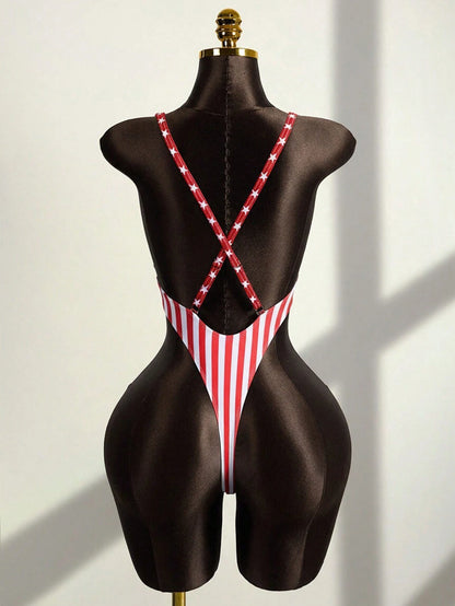 Zestiva 1pc Women's One-Piece Swimsuit,Fitted Star & Blue And White Stripe Pattern Backless Design,Summer Cow Boy Holiday Pool Party Independence Day